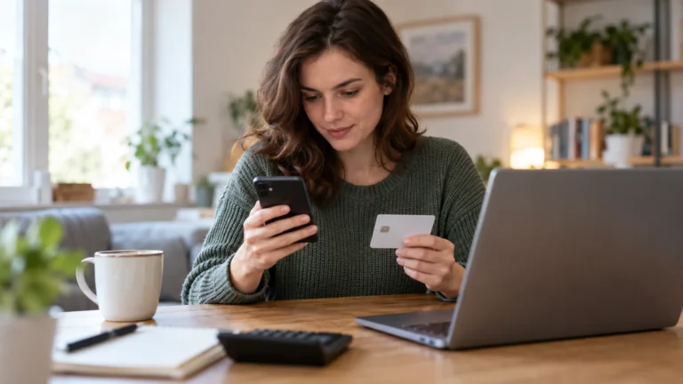 Žena potvrzuje přihlášení pomocí telefonu vedle notebooku.