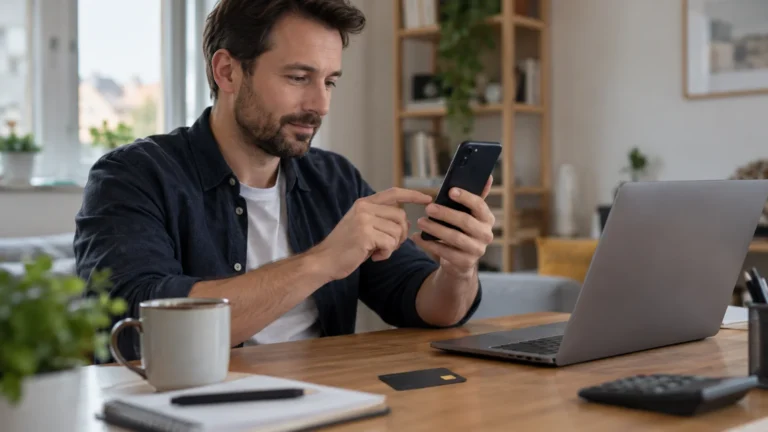 Muž potvrzuje online přihlášení telefonem vedle notebooku.