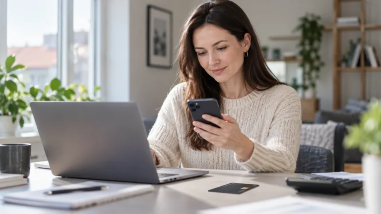 Žena ověřuje přihlášení k notebooku pomocí telefonu.