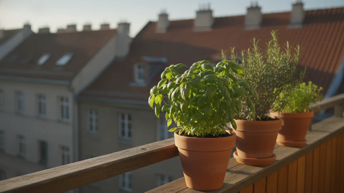 Balkon bytu s bylinkami v květináčích nad klidným městem v ranním světle