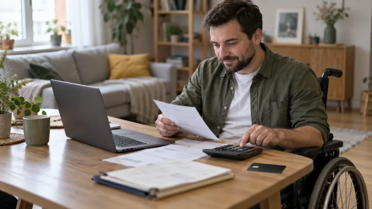 Člověk na vozíku prochází domácí finance u stolu s notebookem a kalkulačkou.