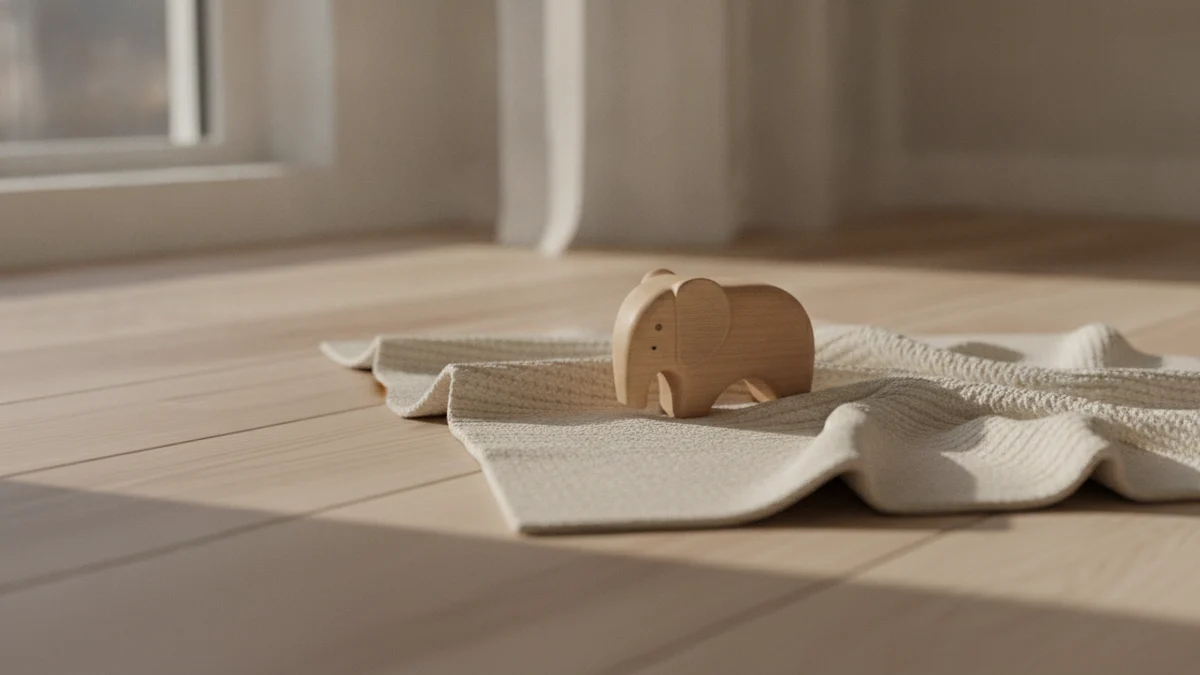 Kalkulačka mateřské: dětská dřevěná hračka a měkká deka na světlé podlaze
