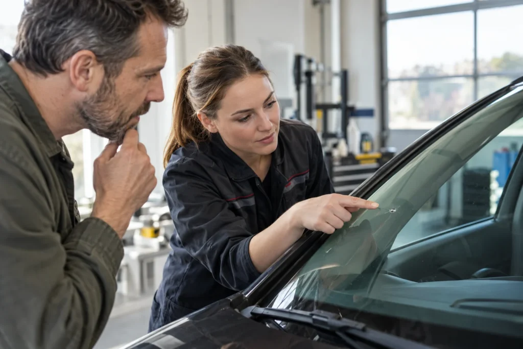 Majitel a technik prohlížející čelní sklo automobilu