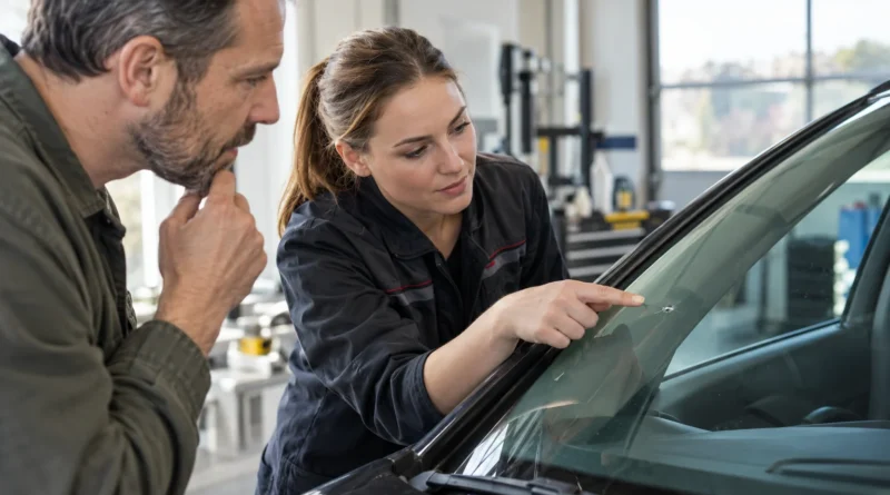 Majitel a technik prohlížející čelní sklo automobilu