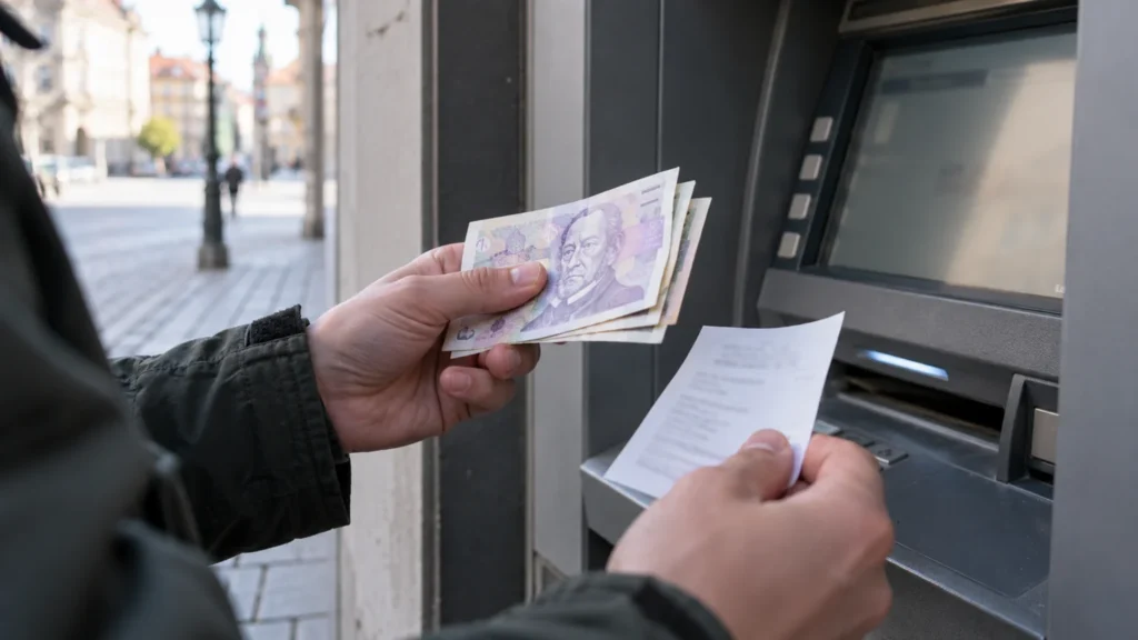 Počítání převzatých bankovek před bankomatem
