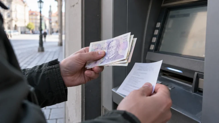 Počítání převzatých bankovek před bankomatem
