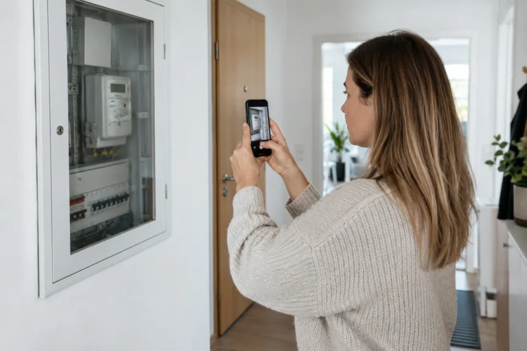 Žena fotografující elektroměr v uzavřené skříni