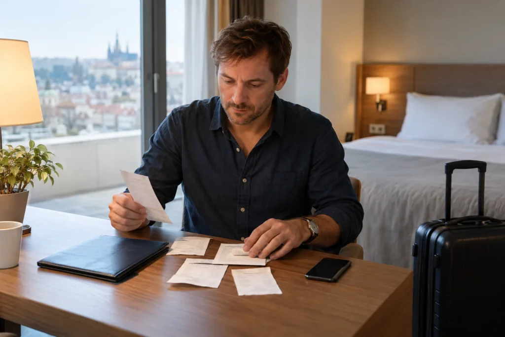 Cestující třídící doklady u stolu v hotelu