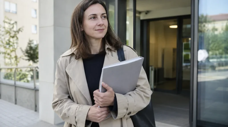 Osoba s deskami před veřejnou budovou