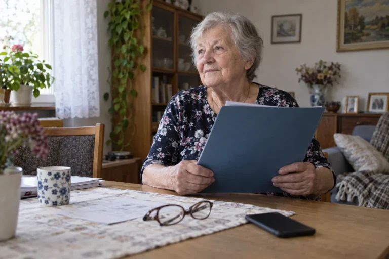 Seniorka s deskami a doklady u stolu