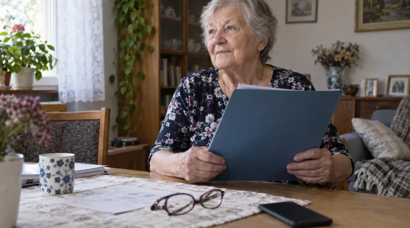 Seniorka s deskami a doklady u stolu