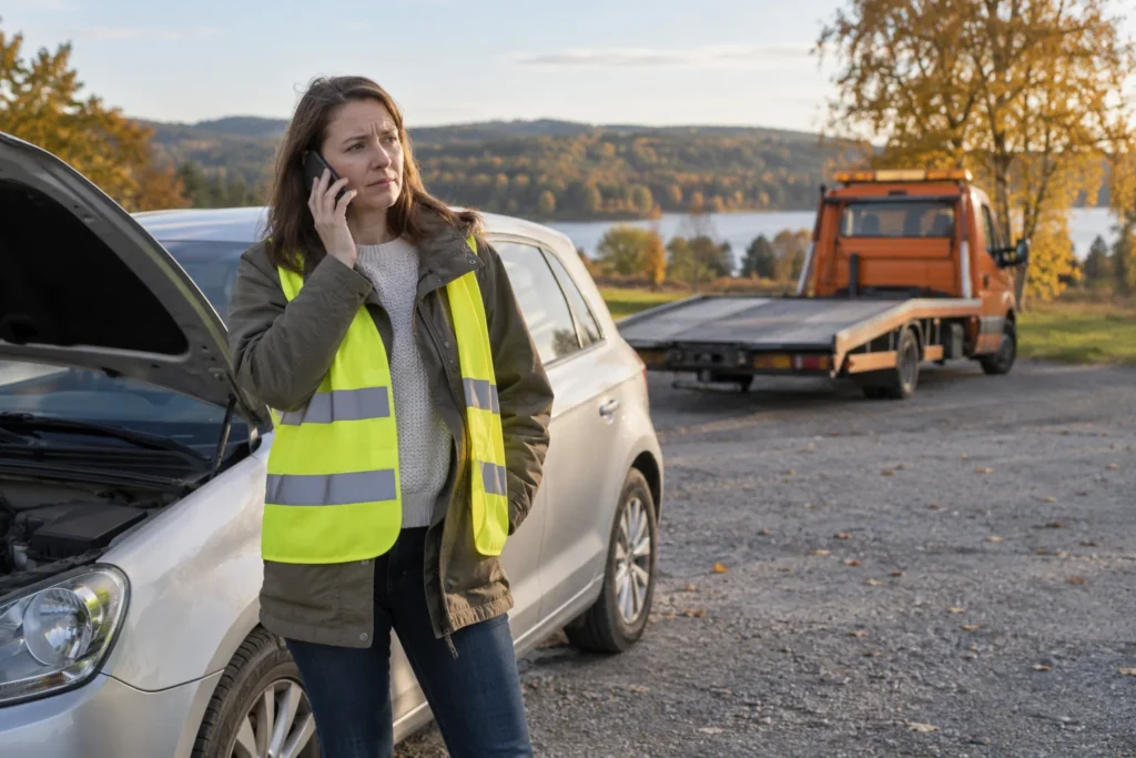 Žena ve vestě telefonující vedle zaparkovaného auta