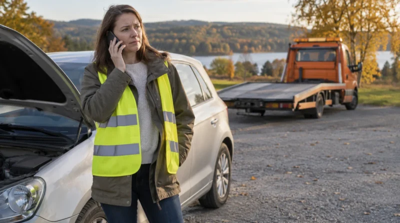 Žena ve vestě telefonující vedle zaparkovaného auta