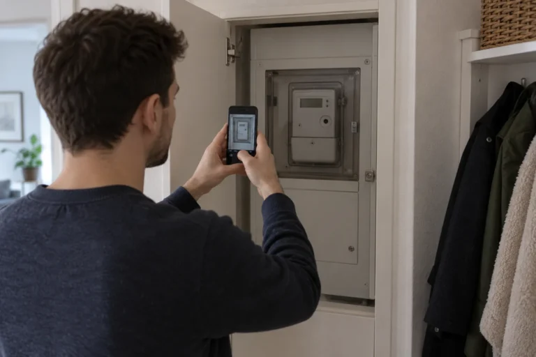 Muž fotografující zakrytý elektroměr