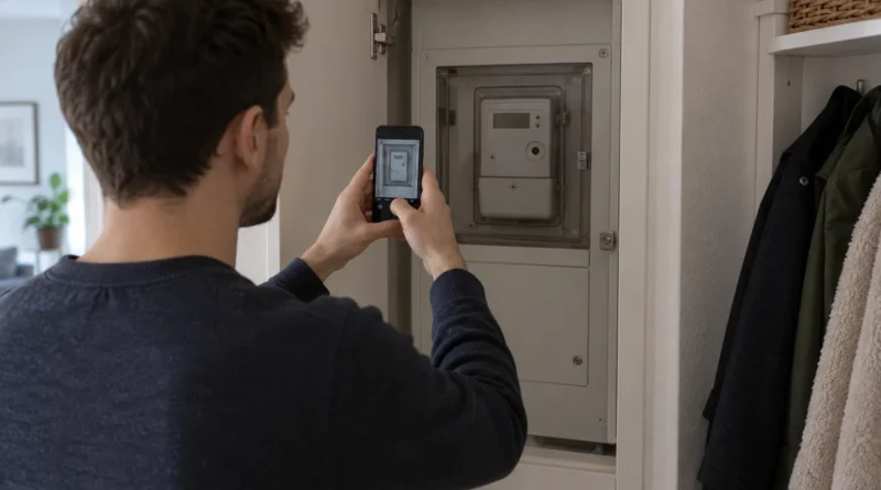 Muž fotografující zakrytý elektroměr