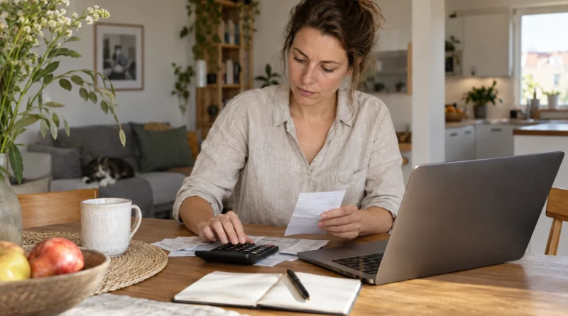 Žena plánující domácí platby u notebooku