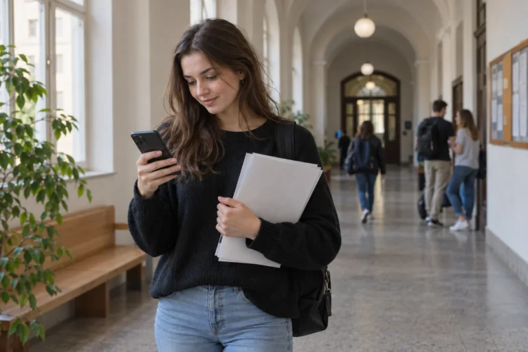 Studentka s dokumenty a telefonem
