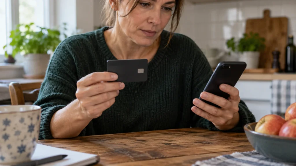 Člověk kontroluje telefon s platební kartou v ruce u domácího stolu