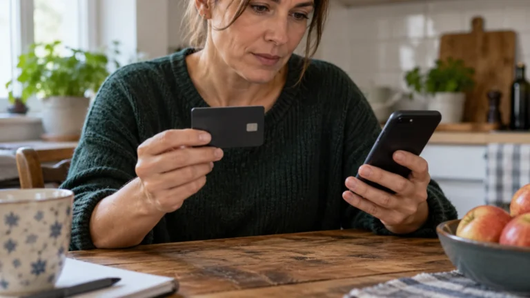 Člověk kontroluje telefon s platební kartou v ruce u domácího stolu