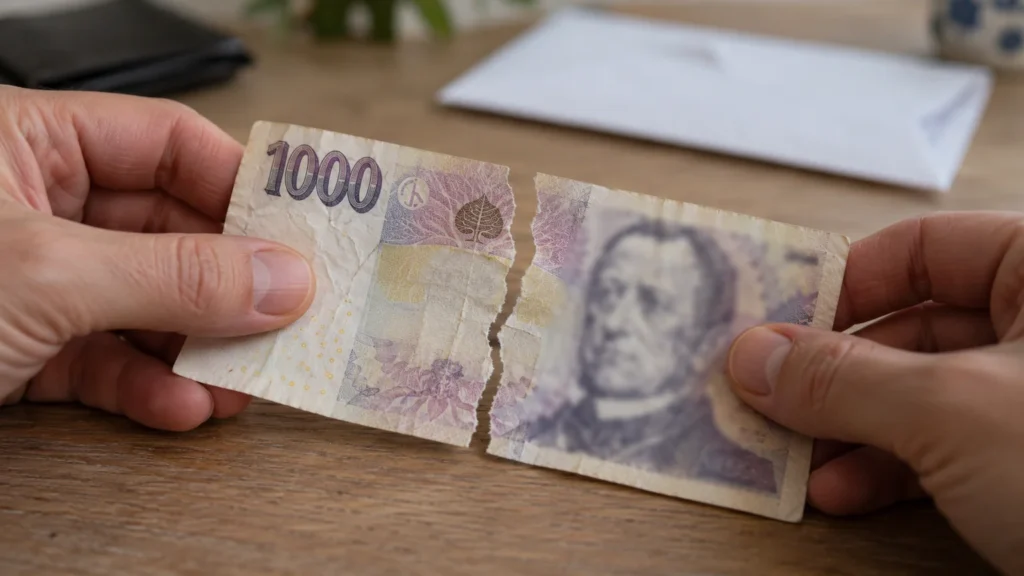 Ruce drží natrženou bankovku nad stolem