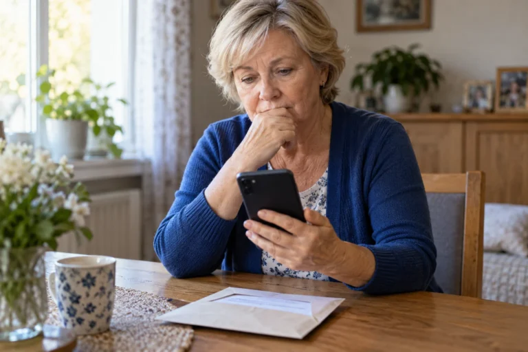 Žena kontrolující telefon a doručené dokumenty