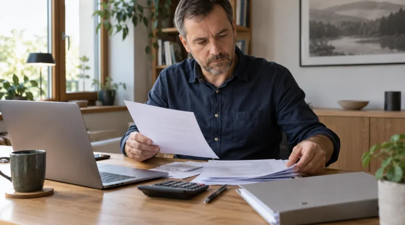 Muž třídící roční finanční dokumenty v domácí pracovně