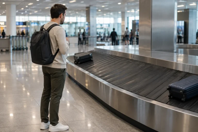 Cestující čekající u zavazadlového pásu