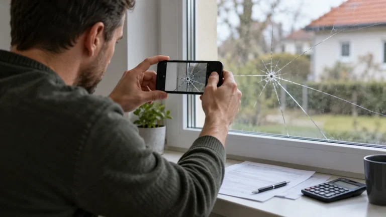 Majitel domácnosti fotografuje prasklé okno mobilním telefonem.