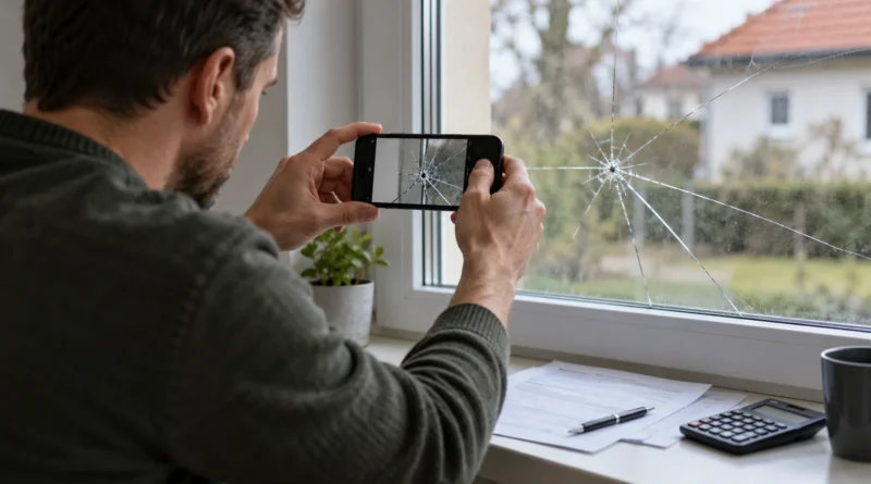 Majitel domácnosti fotografuje prasklé okno mobilním telefonem.