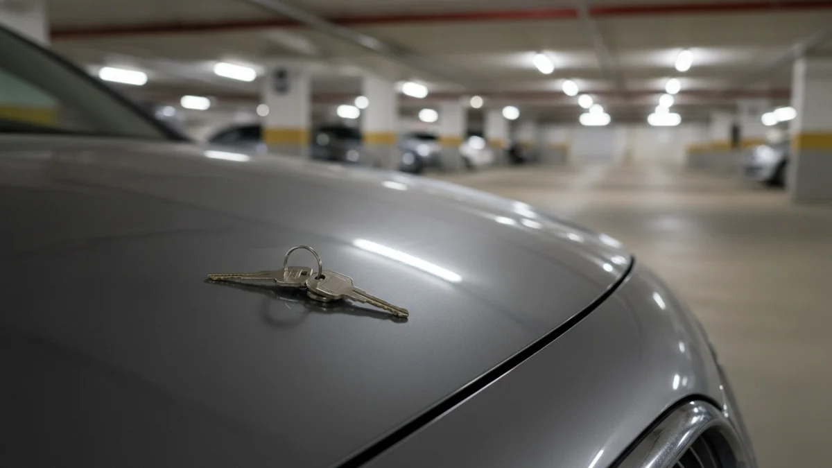 Pojištění na blbost Generali: klíče od služebního auta na kapotě v podzemní garáži