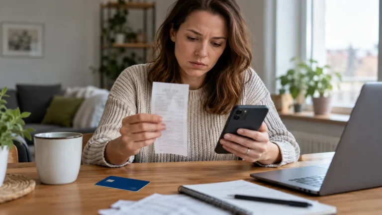 Žena porovnává účtenku s platbou v mobilním bankovnictví.