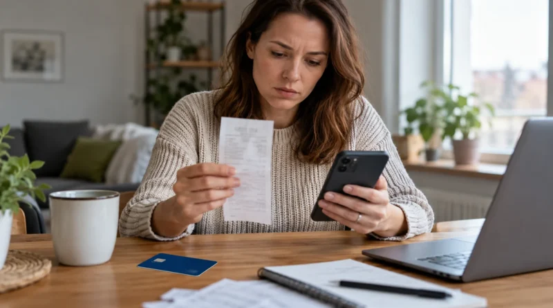 Žena porovnává účtenku s platbou v mobilním bankovnictví.