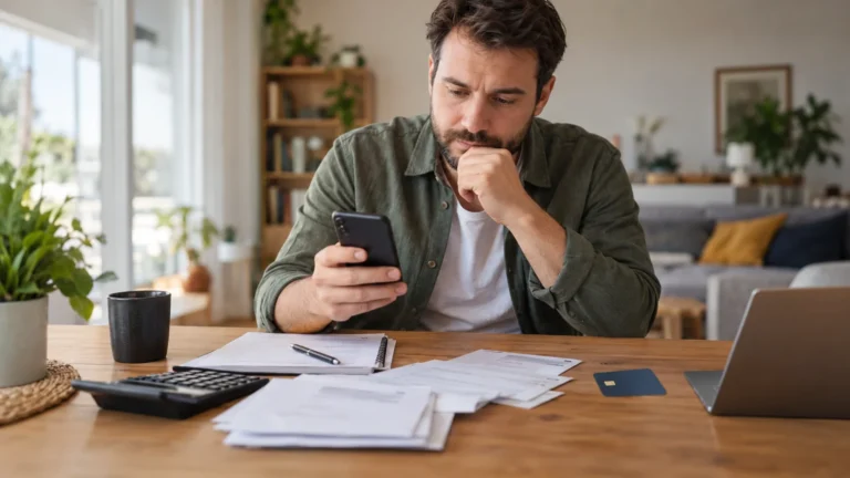 Muž používá telefon vedle obálek s účty a otevřeného zápisníku.