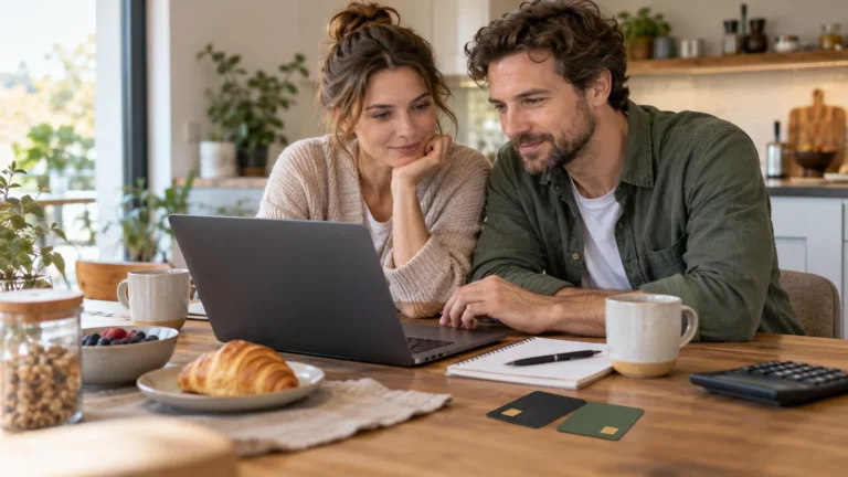 Dvojice u snídaně společně kontroluje notebook vedle dvou karet.