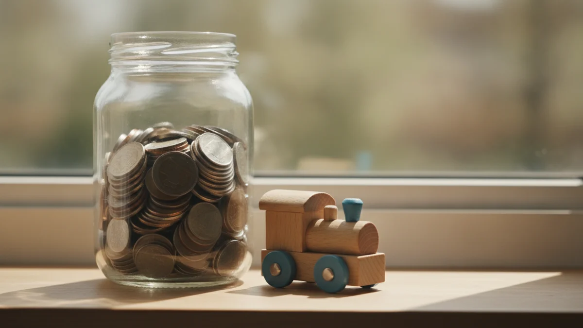 Spoření pro děti Raiffeisenbank: skleněná sklenice s mincemi a dřevěný vláček na okenním parapetu