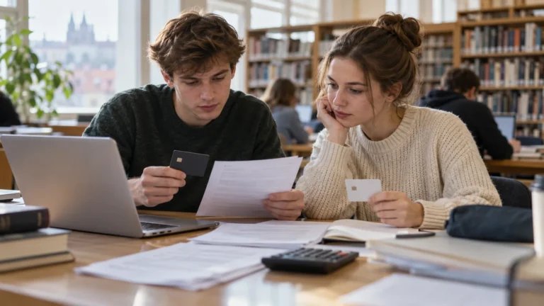 Dva studenti porovnávají podklady u notebooku a platebních karet.