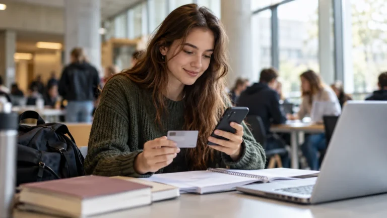 Studentka kontroluje bankovní účet v telefonu při studiu.