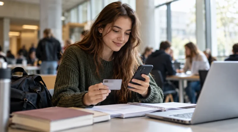 Studentka kontroluje bankovní účet v telefonu při studiu.