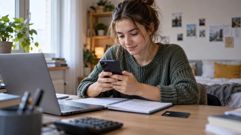 Student používá telefon u studijního stolu s notebookem a kartou.