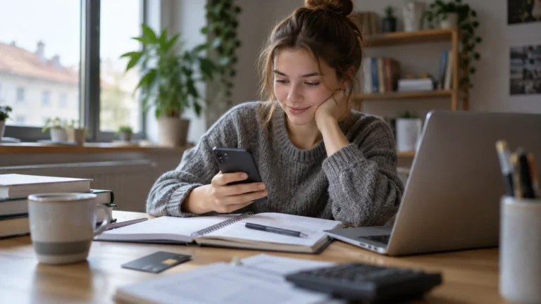 Student kontroluje telefon mezi sešity a notebookem vedle platební karty.