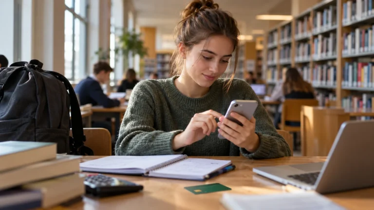 Student kontroluje účet na telefonu mezi studijními materiály.
