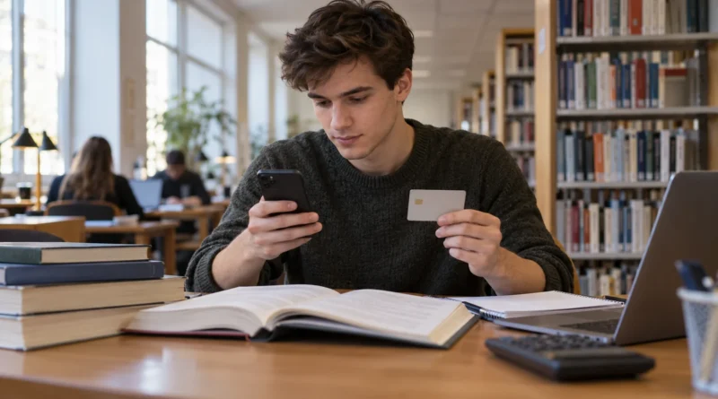 Student spravuje účet na telefonu v knihovně.
