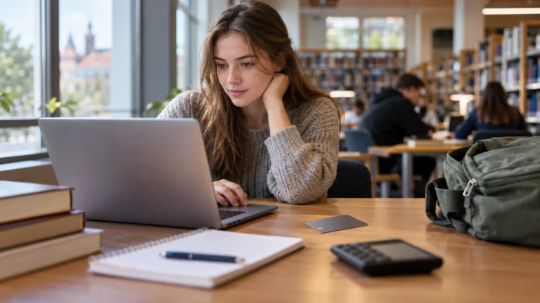 Studentka kontroluje bankovní účet při studiu.