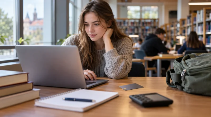 Studentka kontroluje bankovní účet při studiu.