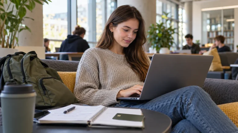 Studentka kontroluje účet a spoření na notebooku.
