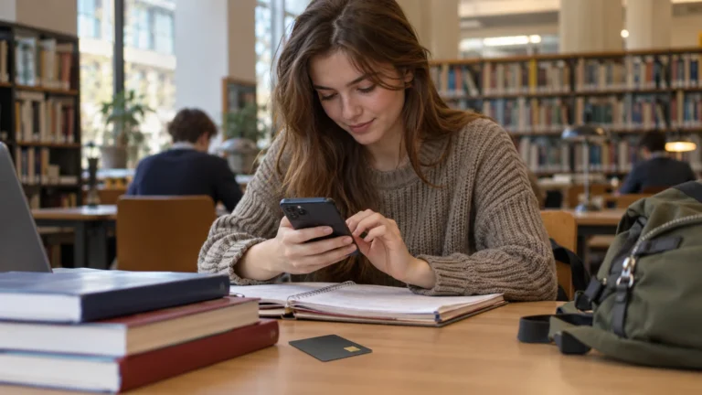 Student spravuje bankovní účet na telefonu při studiu.