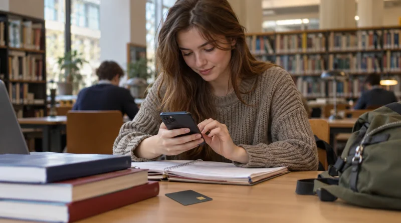 Student spravuje bankovní účet na telefonu při studiu.