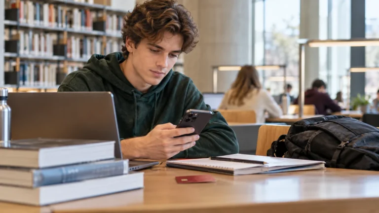 Student ověřuje bankovní účet na telefonu v knihovně.