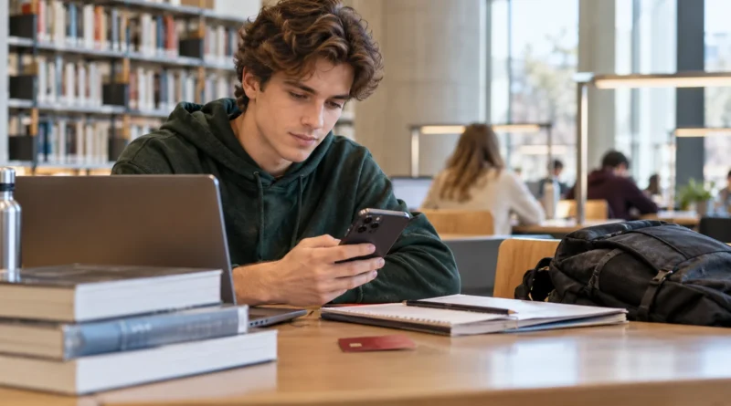 Student ověřuje bankovní účet na telefonu v knihovně.