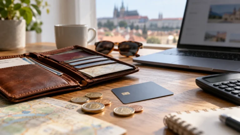 Eurové mince, karta a otevřená cestovní peněženka vedle notebooku.